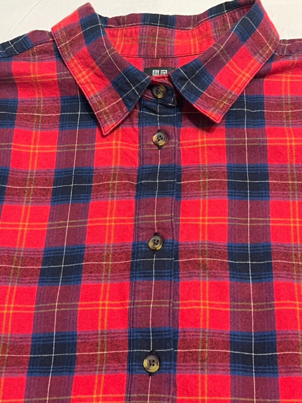 UNIQLO Women XL Red Navy Plaid Flannel Shirt Button Up Cotton Long Sleeve
